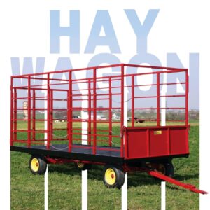 Red metal hay wagon on grassy field
