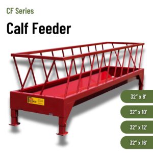 Red calf feeder trough with metal rails