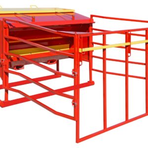 Red cattle loading chute with feed hopper